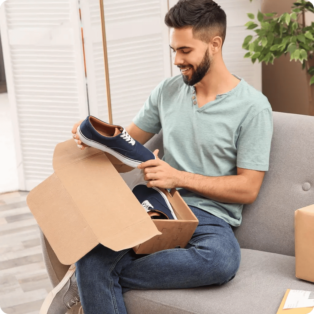 man unboxing new trainers