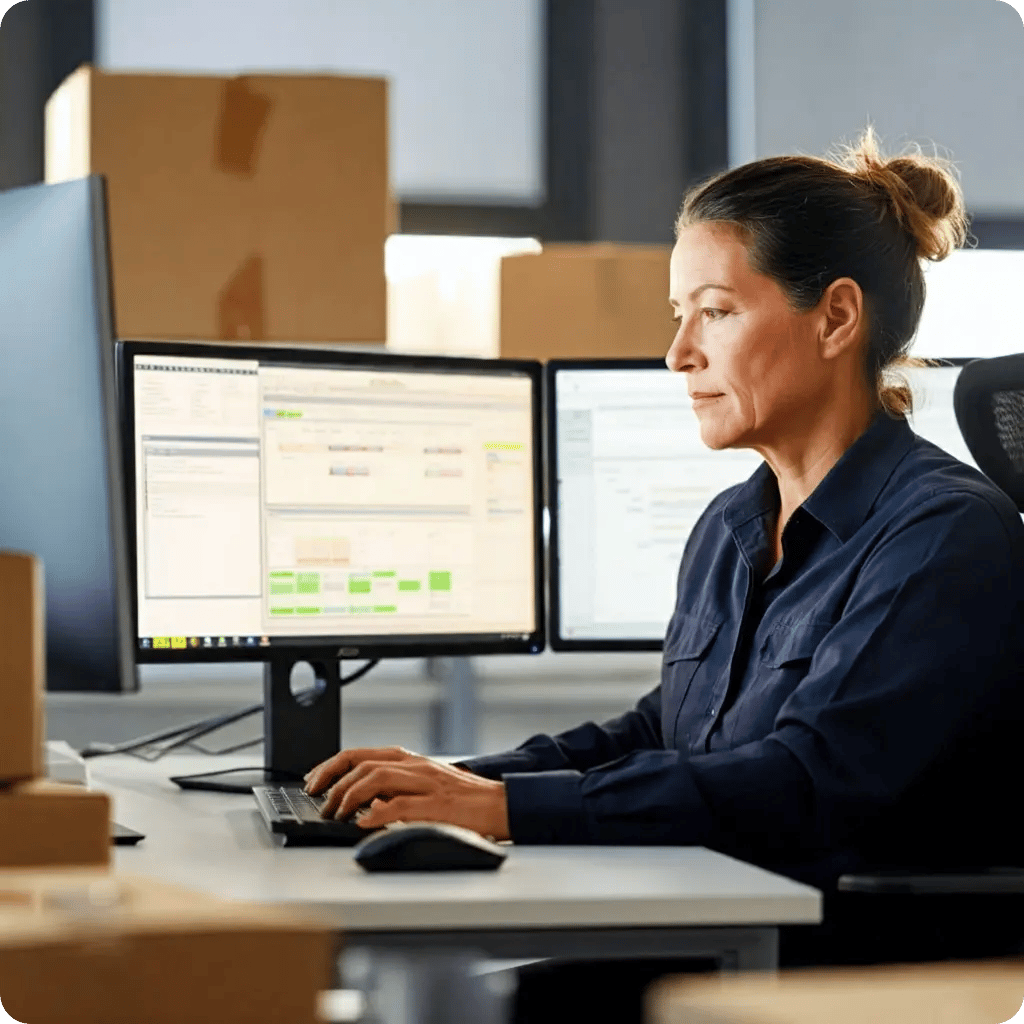 woman working surrounded by boxes