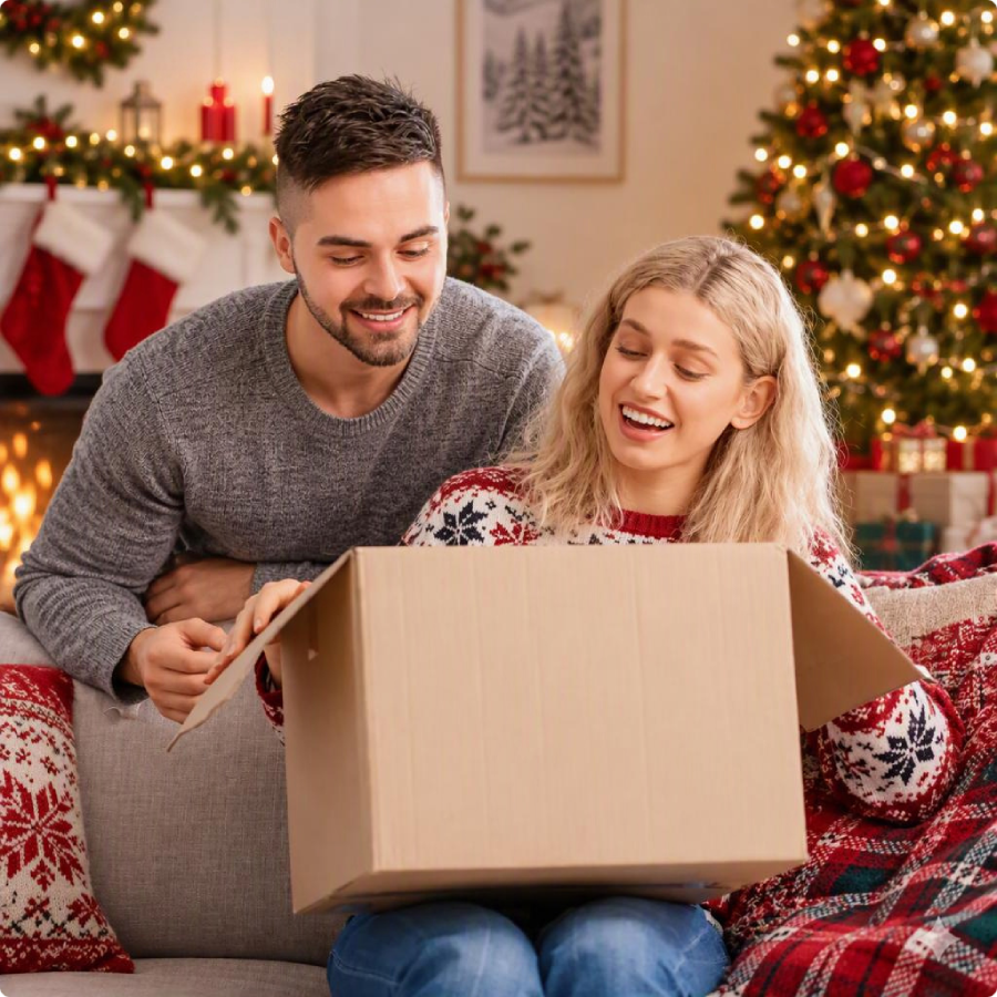 young couple opening a christmas parcel young couple opening a christmas parcel